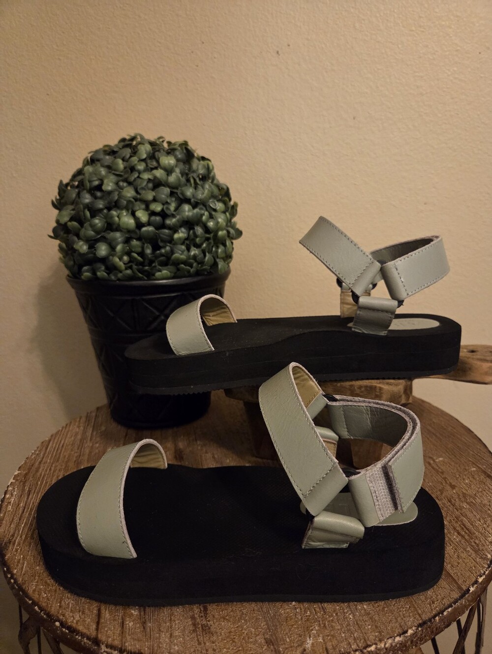 ABLE Macy Sage Green Leather Hook & Loop Gorpcore Platform Ankle Strap Sandals 7